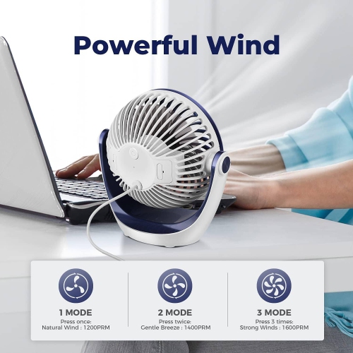 Small USB Desk Fan Table Fan 5'' with Strong Airflow, Portable Cooling Mini Fan 3 Speed, 360°Rotatable Head for Office Home Desktop, Blue