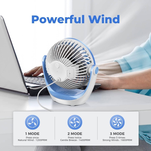 Small USB Desk Fan Table Fan 5'' with Strong Airflow, Portable Cooling Mini Fan 3 Speed, 360°Rotatable Head for Office Home Desktop, Sky Blue