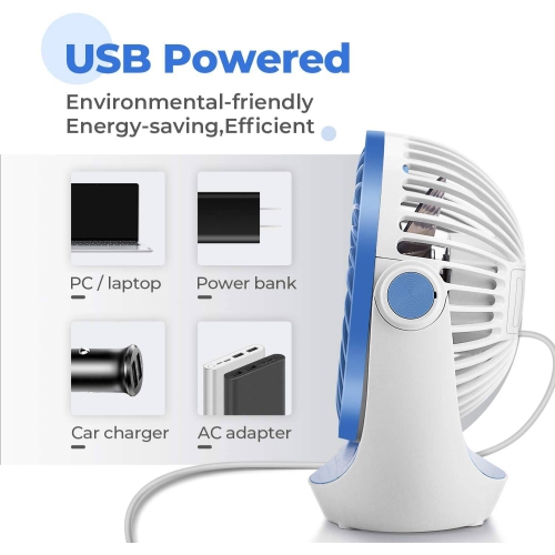 Small USB Desk Fan Table Fan 5'' with Strong Airflow, Portable Cooling Mini Fan 3 Speed, 360°Rotatable Head for Office Home Desktop, Sky Blue