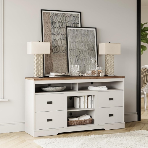 WAMPAT Farmhouse TV Stand for TVs Up to 65 Inch, Wood Entertainment Center with 4 Drawers and Adjustable Shelf, 59" Media Console with Open Storage