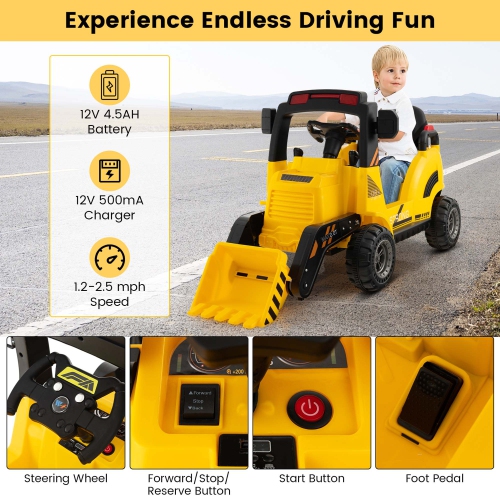Costway 12V Kids Ride On Construction Tractor with Horn & Music & Tail LED Lights Yellow