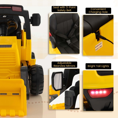 Costway 12V Kids Ride On Construction Tractor with Horn & Music & Tail LED Lights Yellow