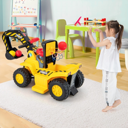 Costway 6V Electric Kids Ride On Excavator Pretend Play Toy Tractor w/ Basketball Hoop