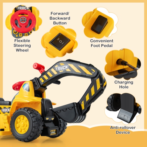 Costway 6V Electric Kids Ride On Excavator Pretend Play Toy Tractor w/ Basketball Hoop