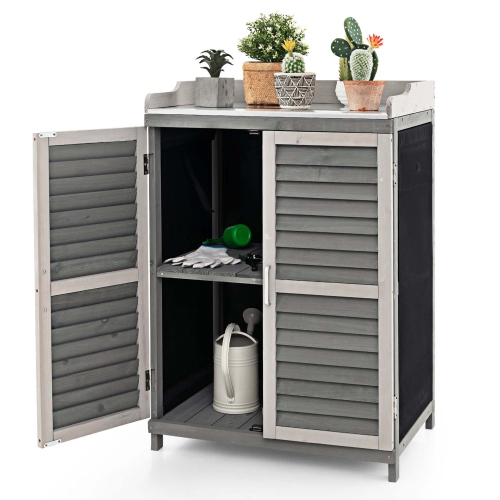 COSTWAY  Outdoor Potting Bench Table, Garden Storage Cabinet With Metal Tabletop