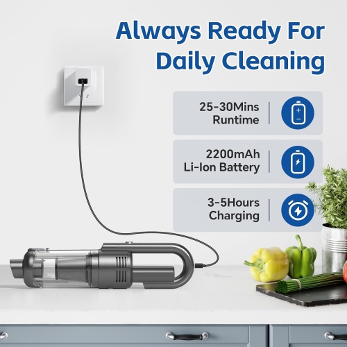 NIERBO Handheld Vacuum Cordless, Car Vacuum Portable Rechargeable 9500PA, with LED Light Multi Accessories Storage Bag, Silver