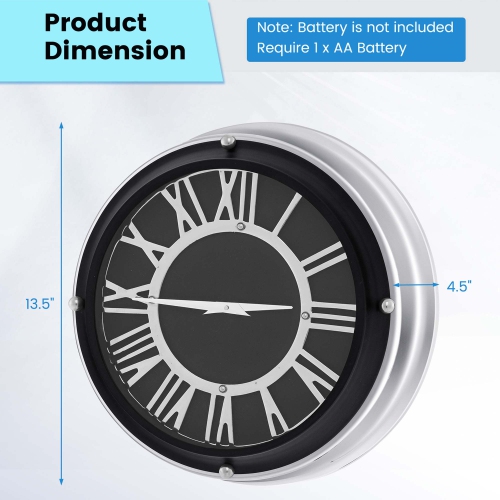 Costway 13.5 Inch Silent Wall Clock with Silver Frame Silver Roman Number Glass Cover