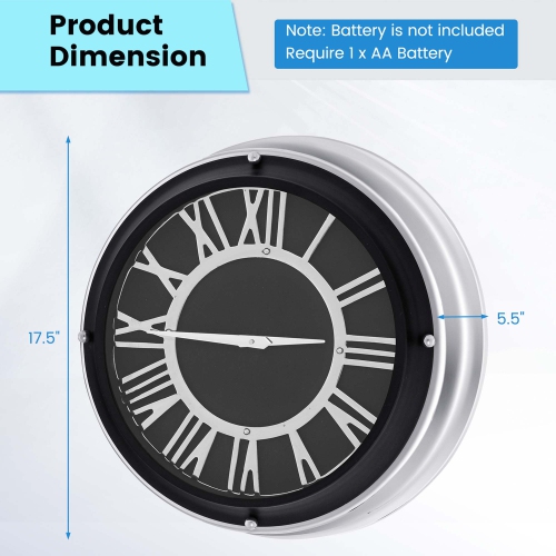 Costway 17.5 Inch Silent Wall Clock with Silver Frame Silver Roman Number Glass Cover