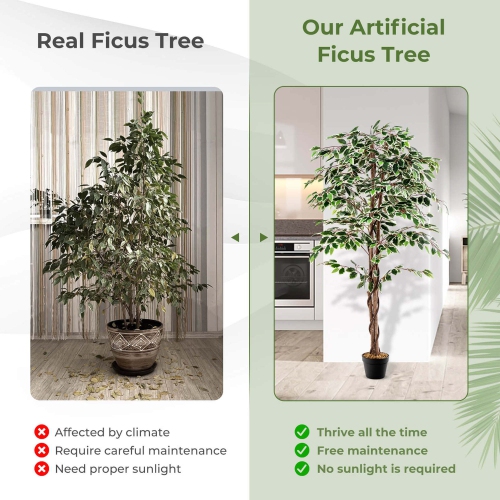 Costway 63 inch Artificial Ficus Tree Faux Indoor Plant in Nursery Pot for Decoration