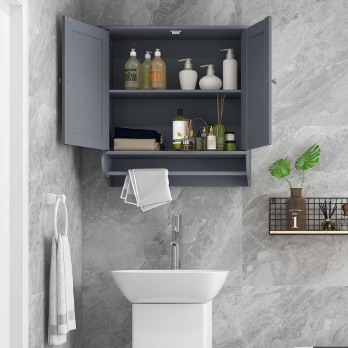 Armoire de rangement murale pour salle de bain de Costway avec porte-serviette brun/gris