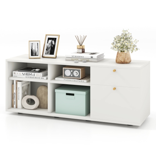 COSTWAY  Storage Cabinet With 2 Drawers 4 Cubes Adjustable Feet Floor Display Cabinet In White