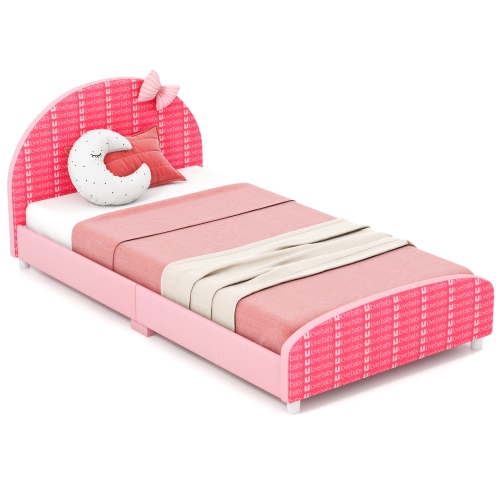 COSTWAY Honeyjoy Children Twin Size Upholstered Platform Single Bed With Headboard & Footboard Pink