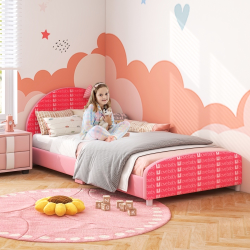 Honeyjoy Children Twin Size Upholstered Platform Single Bed with Headboard & Footboard Pink