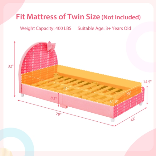Honeyjoy Children Twin Size Upholstered Platform Single Bed with Headboard & Footboard Pink