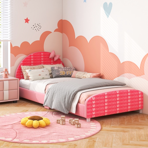 Honeyjoy Children Twin Size Upholstered Platform Single Bed with Headboard & Footboard Pink