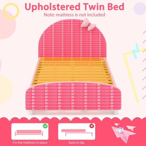 Honeyjoy Children Twin Size Upholstered Platform Single Bed with Headboard & Footboard Pink