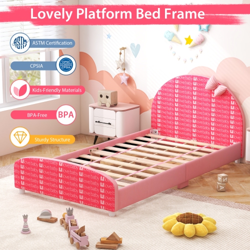 Honeyjoy Children Twin Size Upholstered Platform Single Bed with Headboard & Footboard Pink