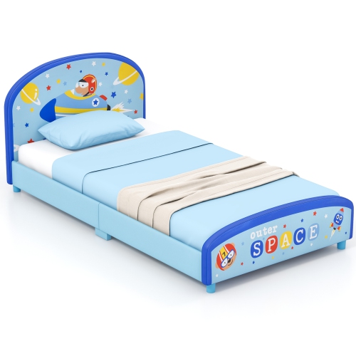 COSTWAY Honeyjoy Children Twin Size Upholstered Platform Single Bed With Headboard & Footboard Blue