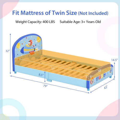 Honeyjoy Children Twin Size Upholstered Platform Single Bed with Headboard & Footboard Blue