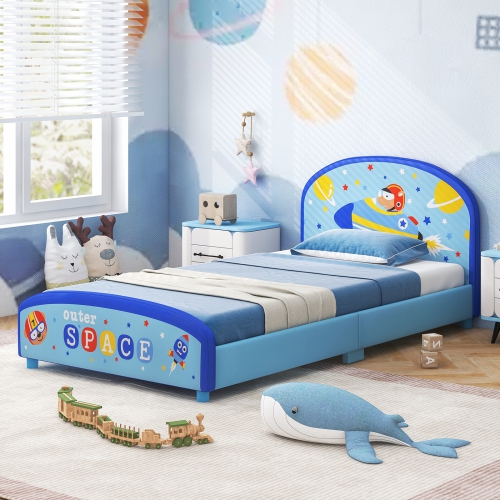 Honeyjoy Children Twin Size Upholstered Platform Single Bed with Headboard & Footboard Blue
