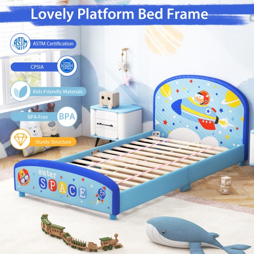 Honeyjoy Children Twin Size Upholstered Platform Single Bed with Headboard & Footboard Blue