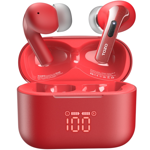 TOZO  T20 Wireless Earbuds Bluetooth Headphones 48.5 Hrs Playtime With Led Digital Display, Ipx8 Waterproof, Dual Mic Call Noise Cancelling Wireless Charging Case Red