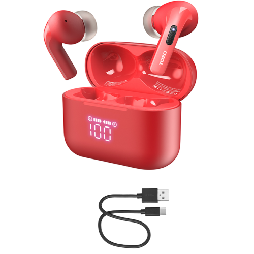 Écouteurs bouton sans fil Bluetooth T20 de TOZO avec écran numérique LED et microphones intégrés pour appels et suppression du bruit - Rouge