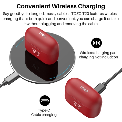 Écouteurs bouton sans fil Bluetooth T20 de TOZO avec écran numérique LED et microphones intégrés pour appels et suppression du bruit - Rouge