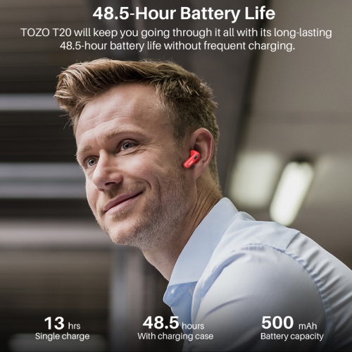 Écouteurs bouton sans fil Bluetooth T20 de TOZO avec écran numérique LED et microphones intégrés pour appels et suppression du bruit - Rouge