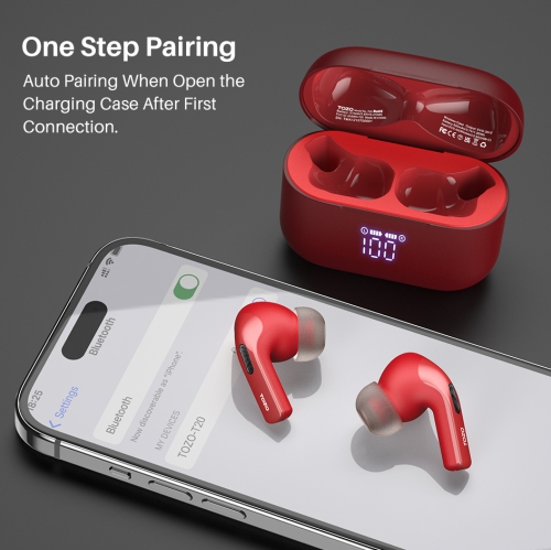 Écouteurs bouton sans fil Bluetooth T20 de TOZO avec écran numérique LED et microphones intégrés pour appels et suppression du bruit - Rouge