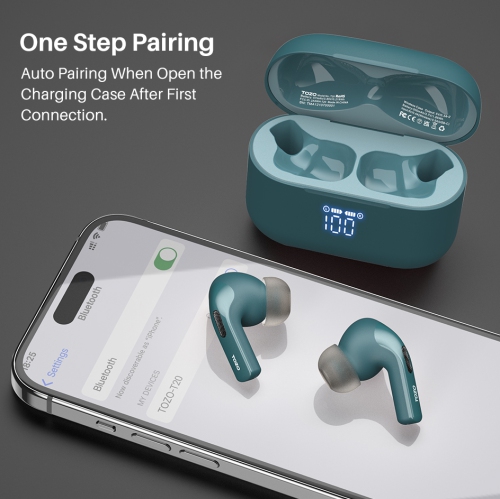 TOZO T20 Wireless Earbuds Bluetooth Headphones with LED Digital Display Built-in Mics Call Noise Cancelling -Green