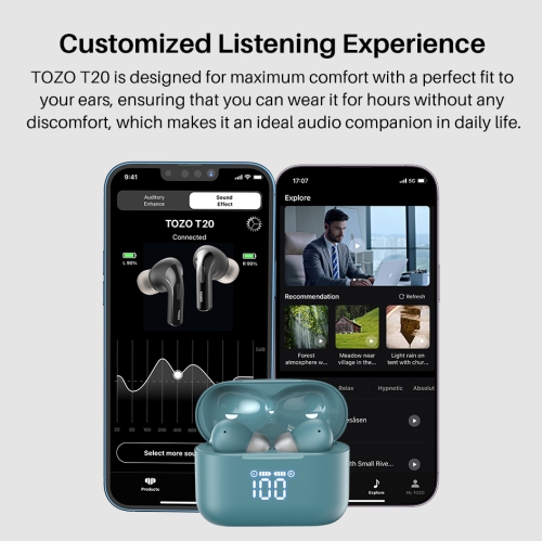 TOZO T20 Wireless Earbuds Bluetooth Headphones with LED Digital Display Built-in Mics Call Noise Cancelling -Green