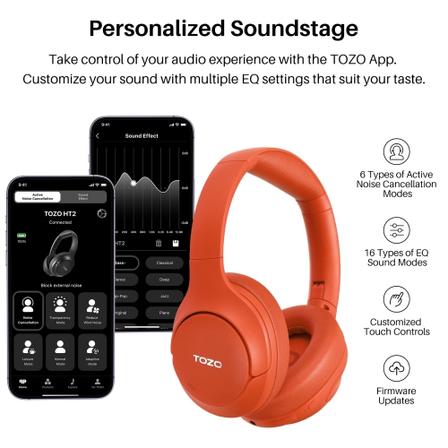 TOZO HT2 Hybrid Active Noise Cancelling Headphones, Wireless Over Ear Bluetooth Headphones 60H Playtime Hi-Res Audio Custom EQ via App Deep Bass