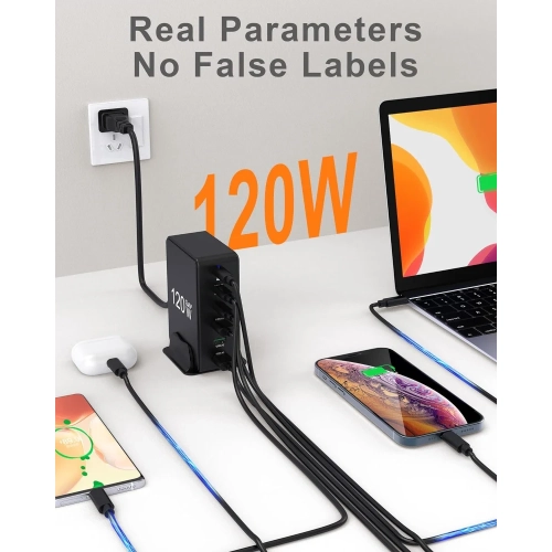 120W USB Charging Station - 6-Port GaN USB Charger for Multiple Devices, USB C & USB-A Charging Hub for MacBook, iPad, iPhone 14/13/12/11 Pro,