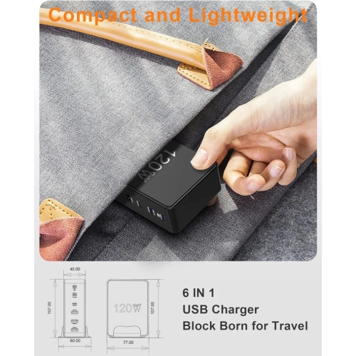 120W USB Charging Station - 6-Port GaN USB Charger for Multiple Devices, USB C & USB-A Charging Hub for MacBook, iPad, iPhone 14/13/12/11 Pro,