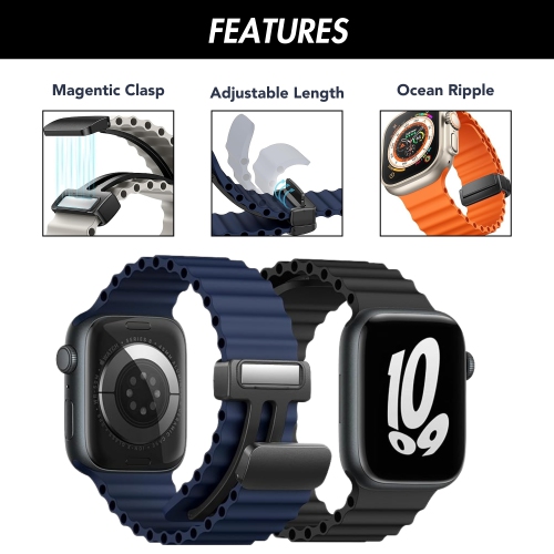 Bracelet ondulé océan en silicone à fermoir magnétique de Bandini pour Apple Watch Band Series 11 10/9/8/7/6/5/4/3/2/1/SE - 42/41/40/38mm - Noir