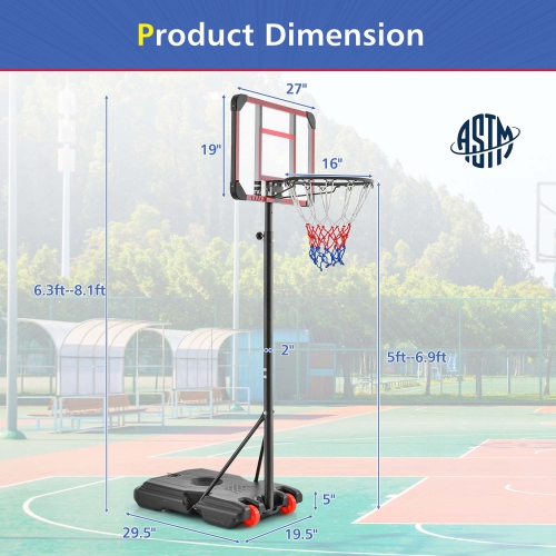 Costway Portable Basketball Hoop Stand 6.3FT-8.1FT Adjustable withWheels & Edge Protectors