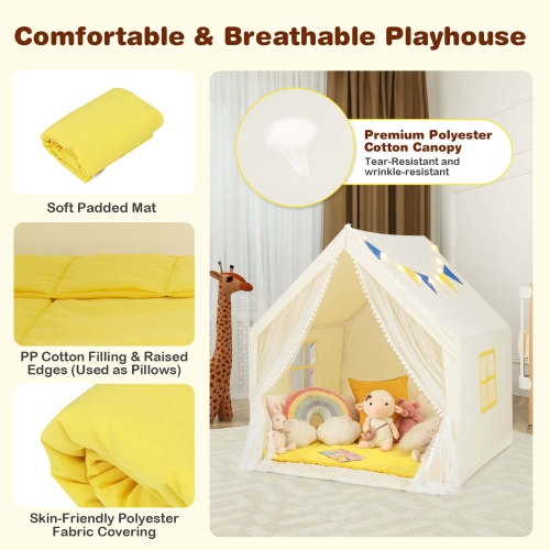 Costway Large Play Tent Kids & Toddlers Playhouse with Washable Cotton Mat, Star Lights