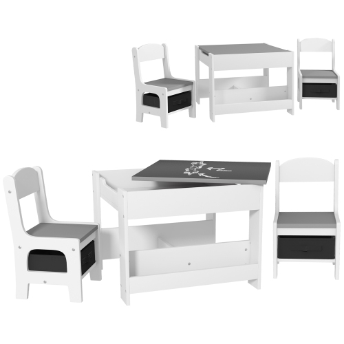 Qaba 3 Piece Kids Table and Chair Set, 2 in 1 Toddler Table and Chair Set with Reversible Tabletop, Blackboard, Storage, Bookshelves, for Playroom, N