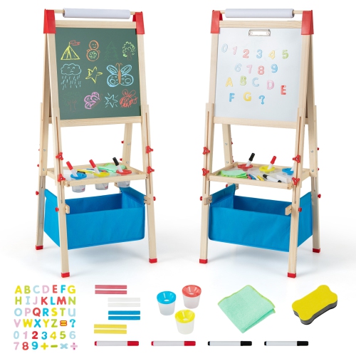 Chevalet magnétique réglable en bois à deux côtés pour enfants 3-en-1 de Costway
