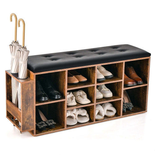 COSTWAY  Wooden Shoe Bench 10-Cube Storage Organizer With Padded Cushion & Umbrella Holder