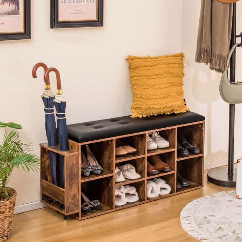 Costway Wooden Shoe Bench 10-Cube Storage Organizer with Padded Cushion & Umbrella Holder