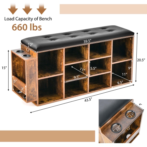 Costway Wooden Shoe Bench 10-Cube Storage Organizer with Padded Cushion & Umbrella Holder