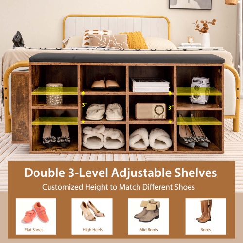 Costway Wooden Shoe Bench 10-Cube Storage Organizer with Padded Cushion & Umbrella Holder