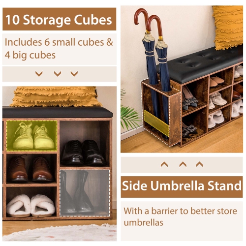 Costway Wooden Shoe Bench 10-Cube Storage Organizer with Padded Cushion & Umbrella Holder