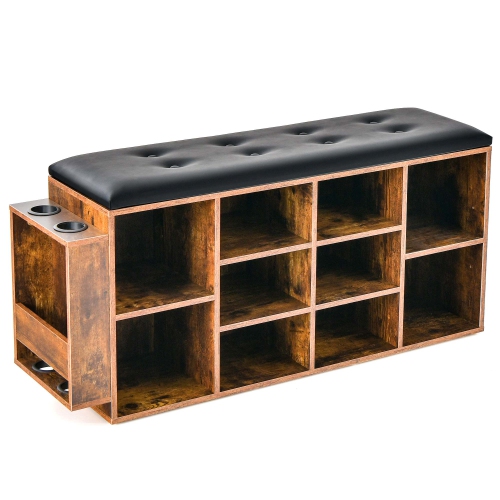 Costway Wooden Shoe Bench 10-Cube Storage Organizer with Padded Cushion & Umbrella Holder