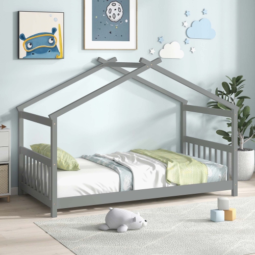 COSTWAY  Twin Size House Bed With Roof Wooden Low Floor Bed No Box Spring Needed Grey