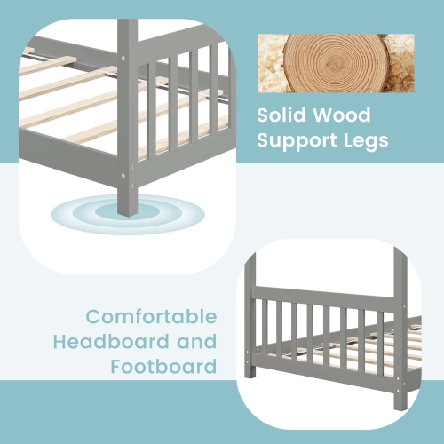 Costway Twin Size House Bed with Roof Wooden Low Floor Bed No Box Spring Needed Natural/Gray/White