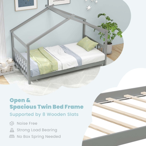 Costway Twin Size House Bed with Roof Wooden Low Floor Bed No Box Spring Needed Natural/Gray/White