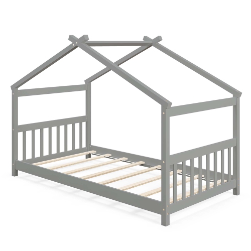 Costway Twin Size House Bed with Roof Wooden Low Floor Bed No Box Spring Needed Natural/Gray/White